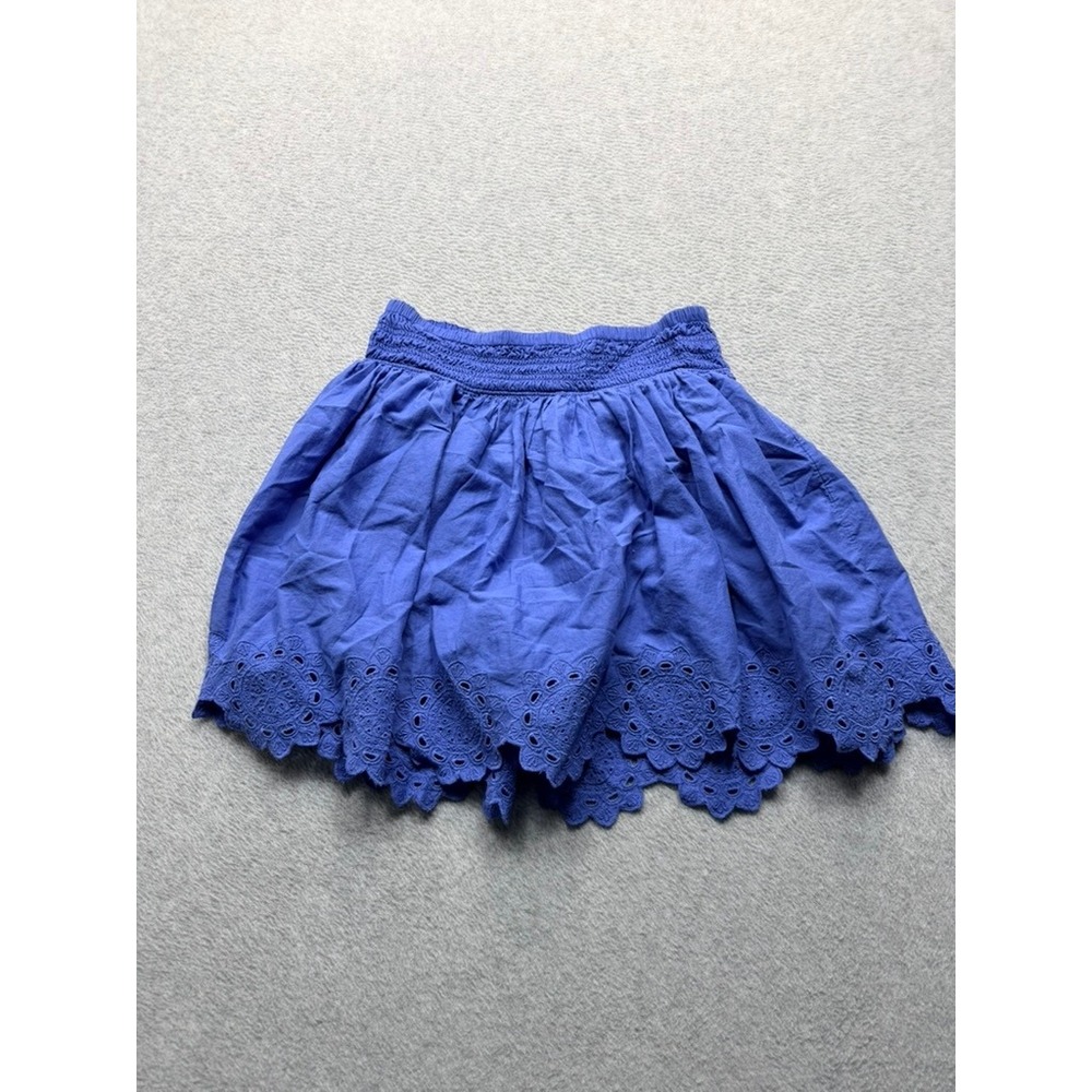 Blue Eyelet Lace Mini Skirt Smocked Waist Scalloped Hem Boho Skort